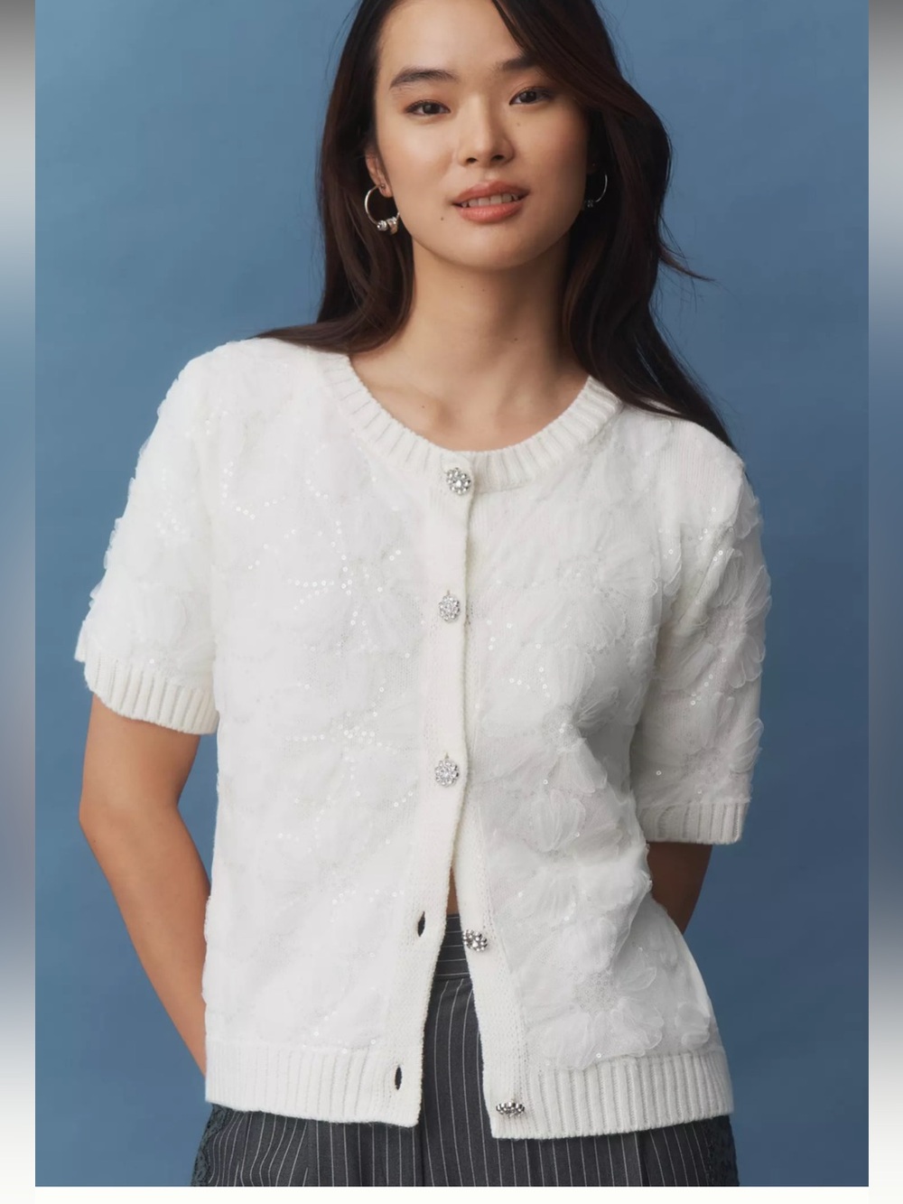 Maeve Short-Sleeve Floral Embellished Cardigan Sweater